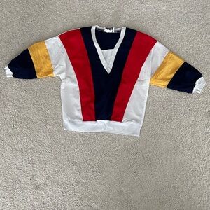 Vintage 80s Teddi White/Yellow and Navy Nautical-InspiredV-Neck Pullover.